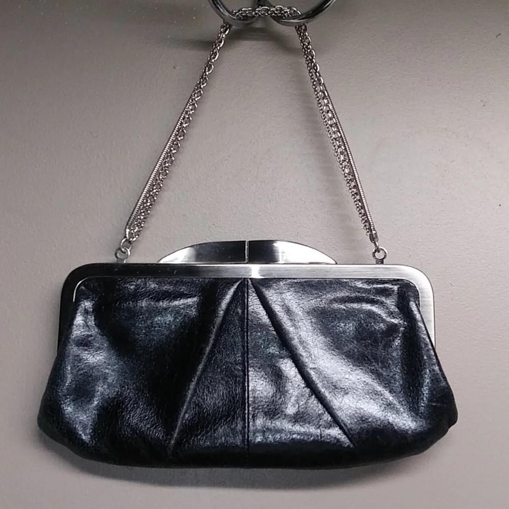 HOBO Black Leather Clutch with Silver Frame & Chain